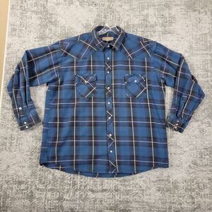 Vintage Western Shirt Mens XXL 2XL Blue Plaid Flannel Cowboy Pearl Snap